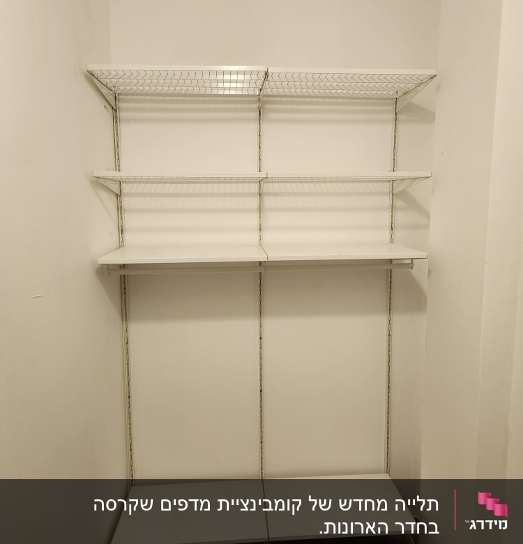 מדפים לבנים מותקנים על קיר לבן